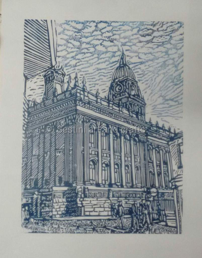 Colourful woodcut print of Leeds Town Hall