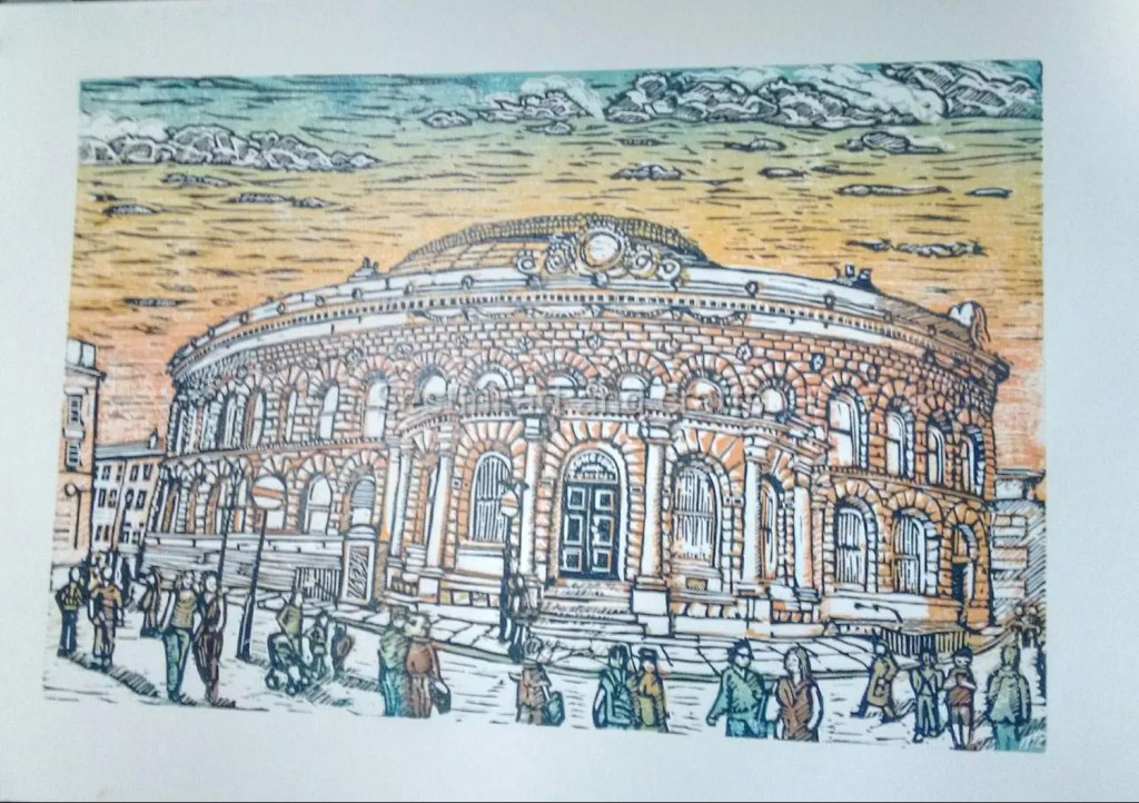 A colourful woodcut print of Leeds corn exchange