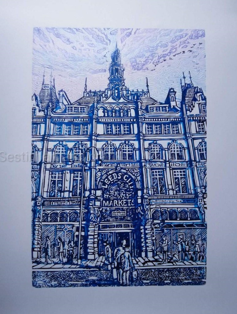 Unique hand crafted woodcut print of Kirkgate Market