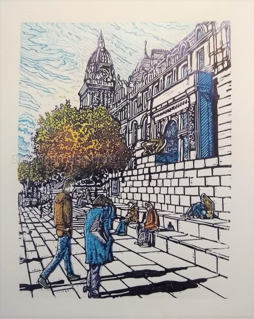 Colourful woodcut print of Leeds art gallery