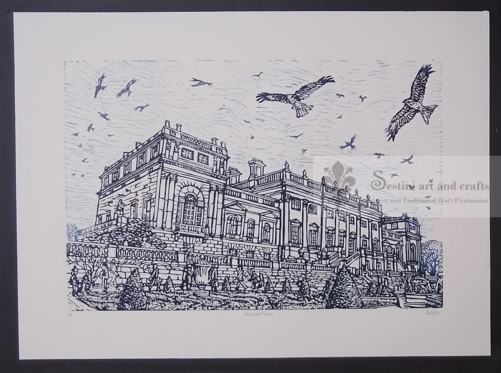 Character woodcut print of Hearwood house Leeds