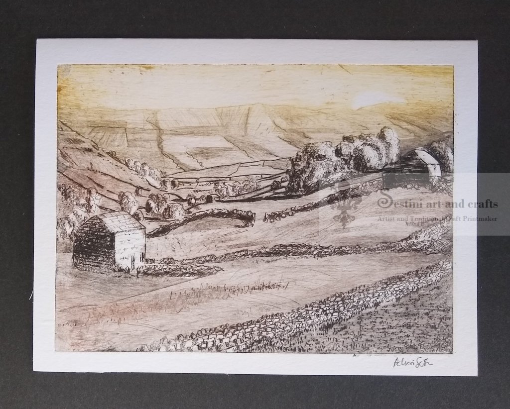 Hand engraved card Yorkshire dales barns