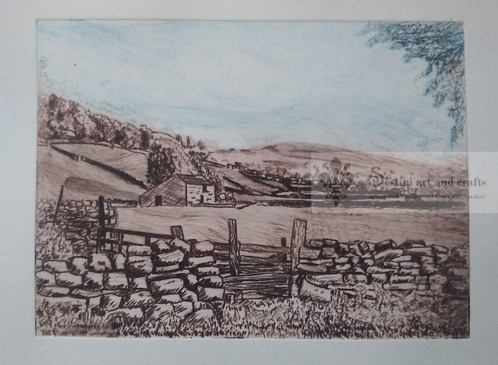 Original drypoint print dry-stone wall