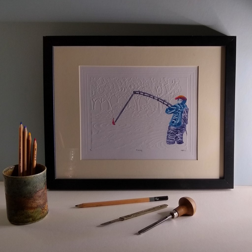 Hand embossed print man gone fishing