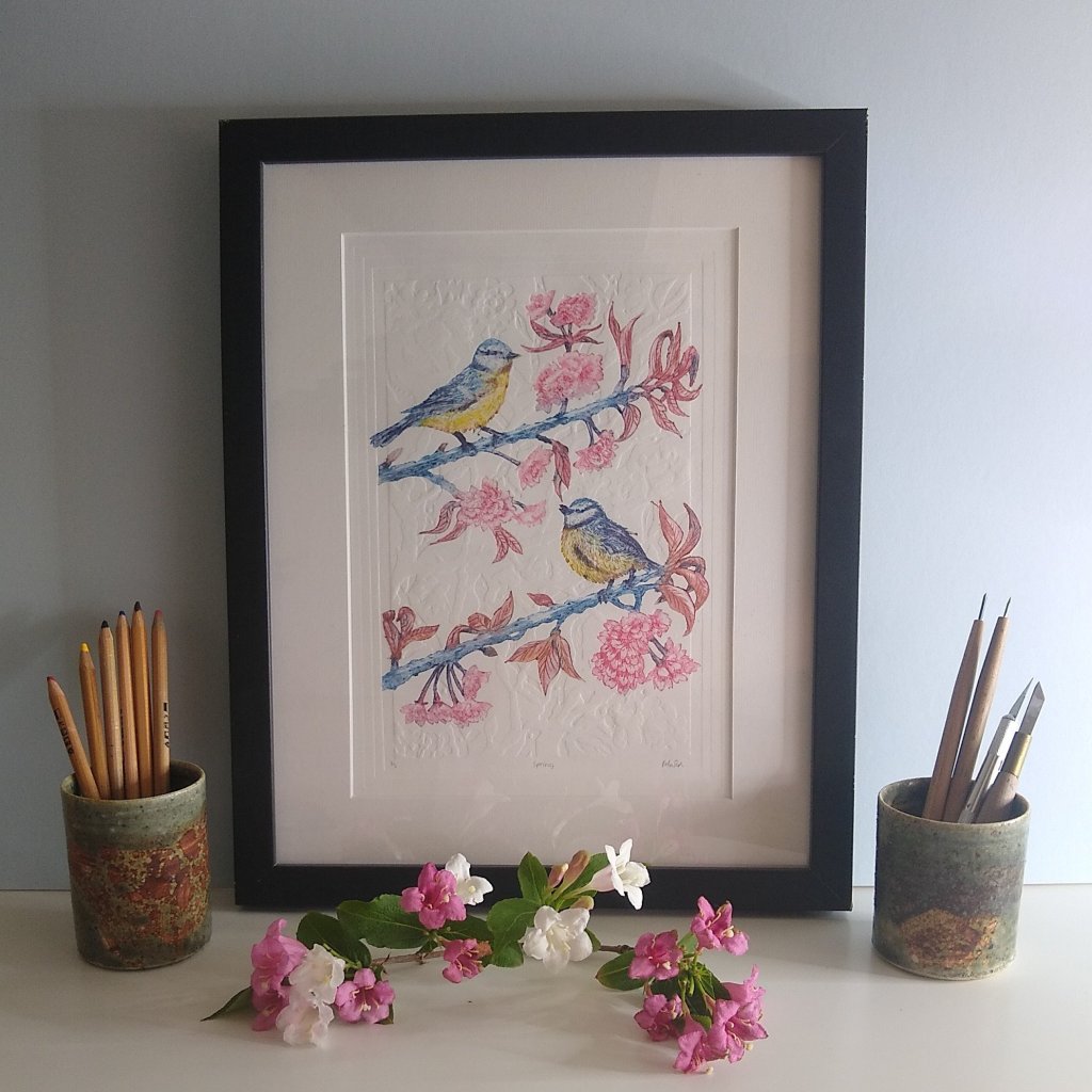 Hand printed embossed bird in blossom print