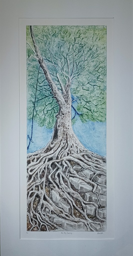 Original Dry point tree print of a swing in blue green and brown
