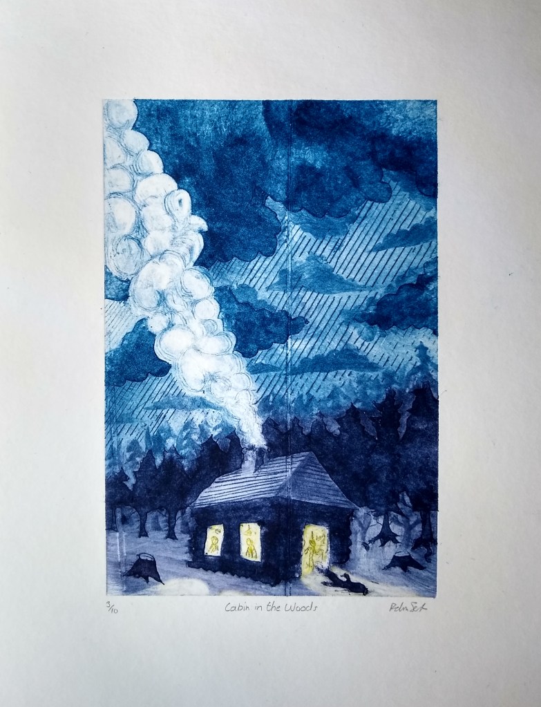 Original collapraph print of a cabin in the woods