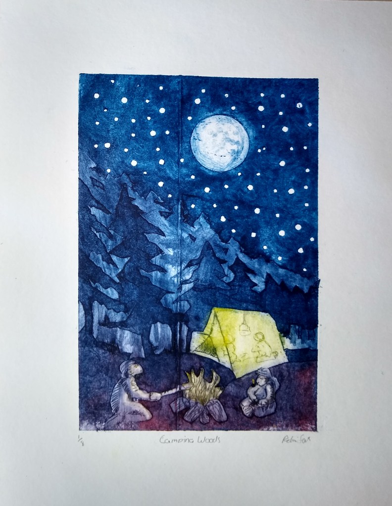 Original collagraph print of camping in the woods