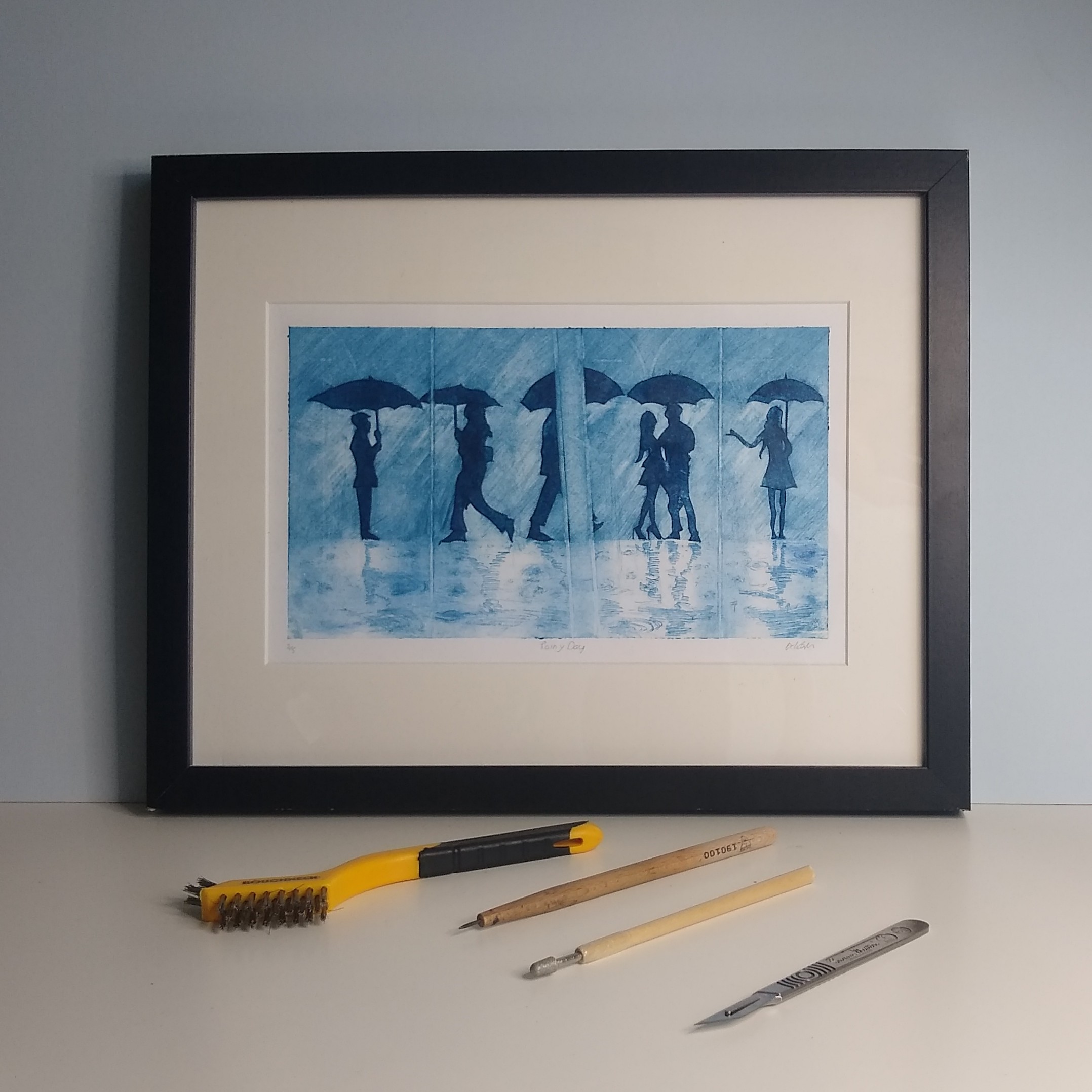 Collagraph Tetrapak print Rainy day at work