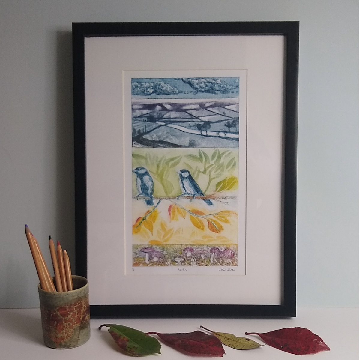Collagraph print of two birds in a Yorkshire landscape