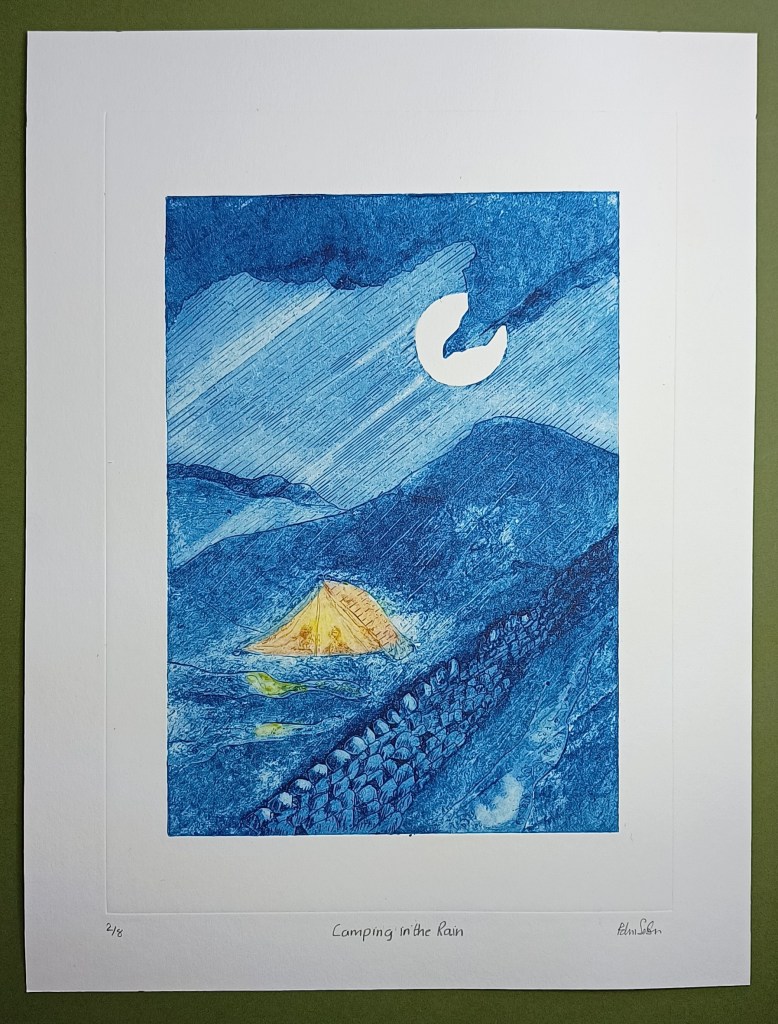 Original collagraph print of camping in wales in the rain