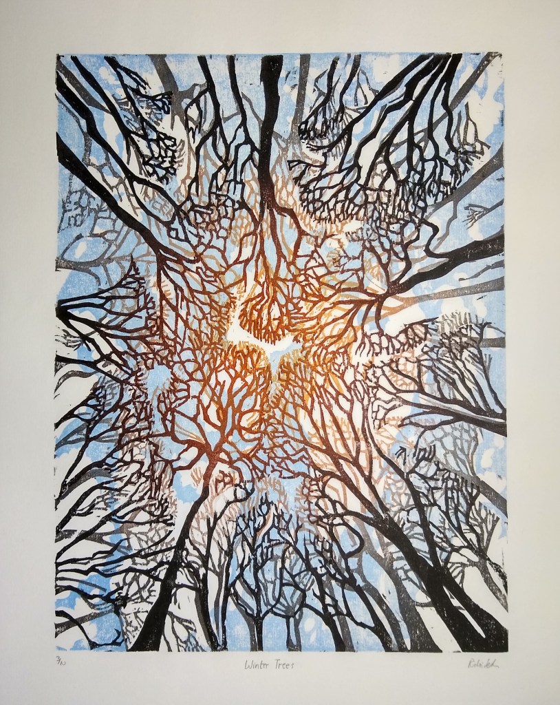 Walking in the woods and looking at the sun shining on the tops of trees inspired me to make these wood cut prints of the forest